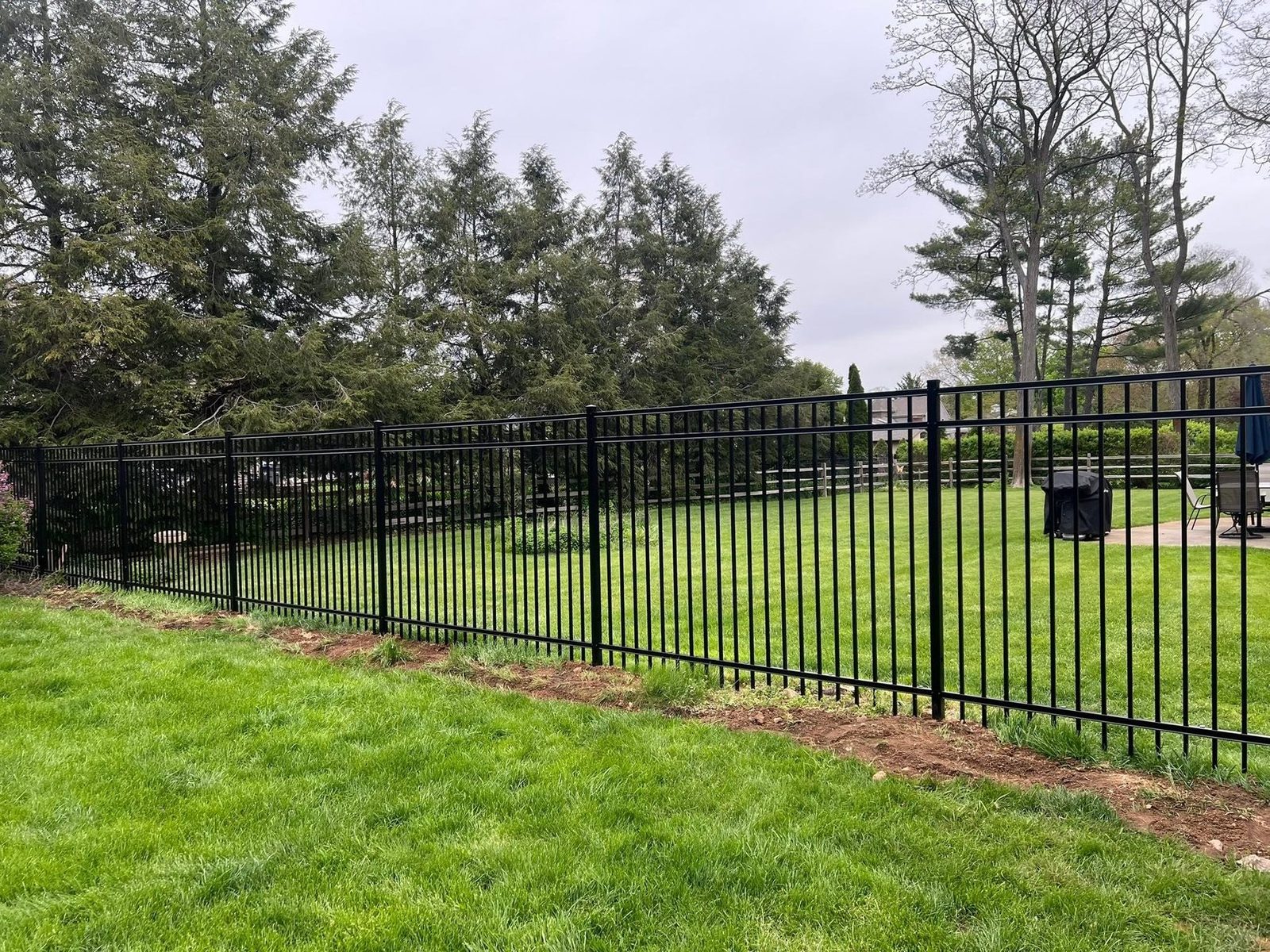 Black aluminum fence across a residential lawn